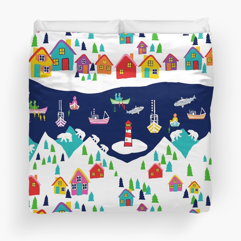 Scandinavian fishing village, nordic rainbow village Duvet Cover