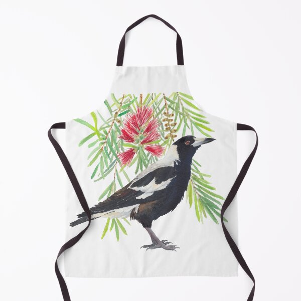 Item preview, Australian Magpie and bottlebrush tree branch with red flowers watercolour designed and sold by Zoya Makarova.