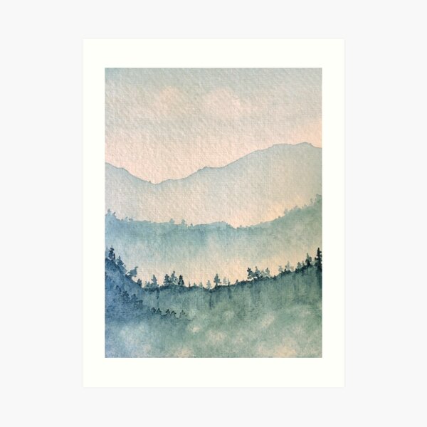 Misty Mountain Blues Watercolor Art Print