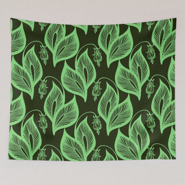 Item preview, green leaf fine line pattern on dark green background designed and sold by MandalaFlowerArt.