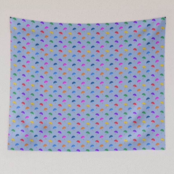 Artikelvorschau, Regenbogenregenschirme auf Blau entworfen und verkauft von LittleBettyMakes.