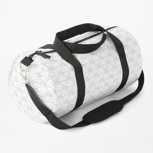 Bright rainbow rain clouds on blue Duffle Bag