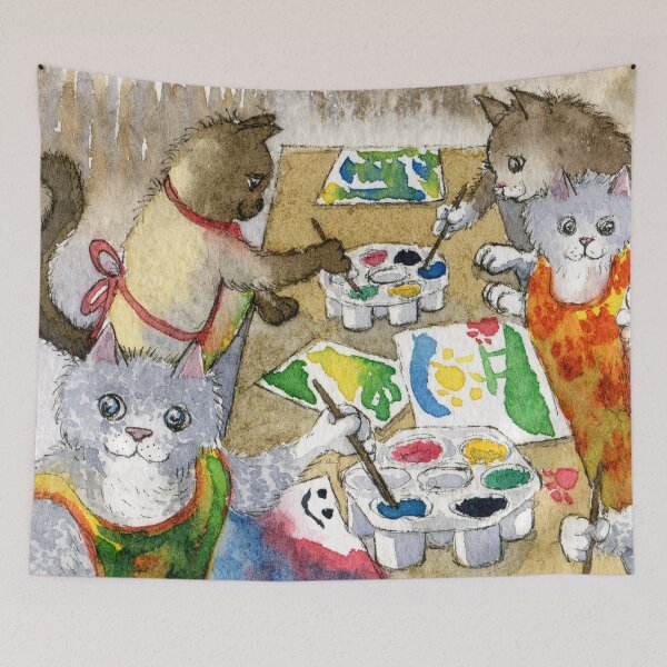Item preview, Kittens in their aprons messing about with paint at kittie nursery school designed and sold by SusanAlisonArt.