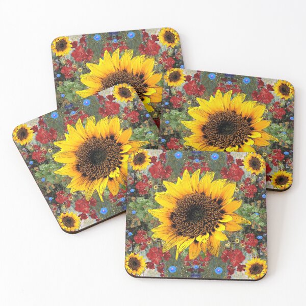 Item preview, YELLOW SUNFLOWERS IN RED GERANIUM GARDEN designed and sold by sharlesart.