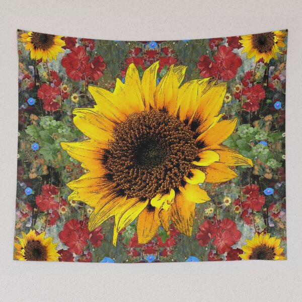 Item preview, YELLOW SUNFLOWERS IN RED GERANIUM GARDEN designed and sold by sharlesart.