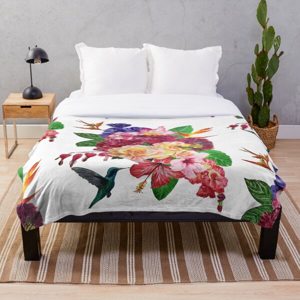 Tropical Flowers with Hummingbird Throw Blanket