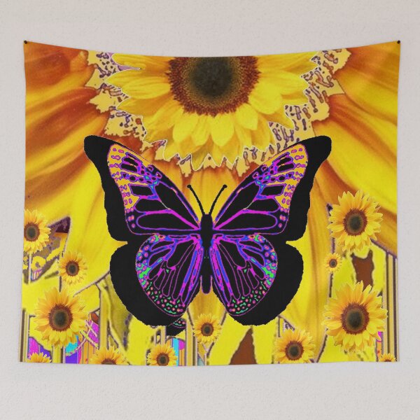 Item preview, YELLOW SUNFLOWERS BLACK FANTASY BUTTERFLY ABSTRACT designed and sold by sharlesart.