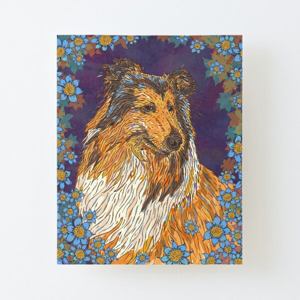 Rough Collie and Blue Flowers Canvas Mounted Print