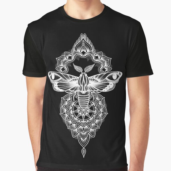 White pen and ink dotwork moth mandala Graphic T-Shirt