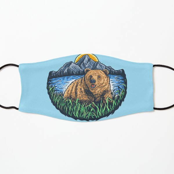 Wild bear between mountains sun and river Kids Mask