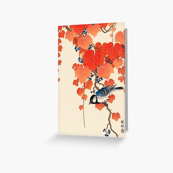 Vintage Japanese Jay and Autumn Grapevine   Greeting Card