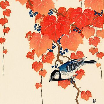 Artwork thumbnail, Vintage Japanese Jay and Autumn Grapevine by Marymarice