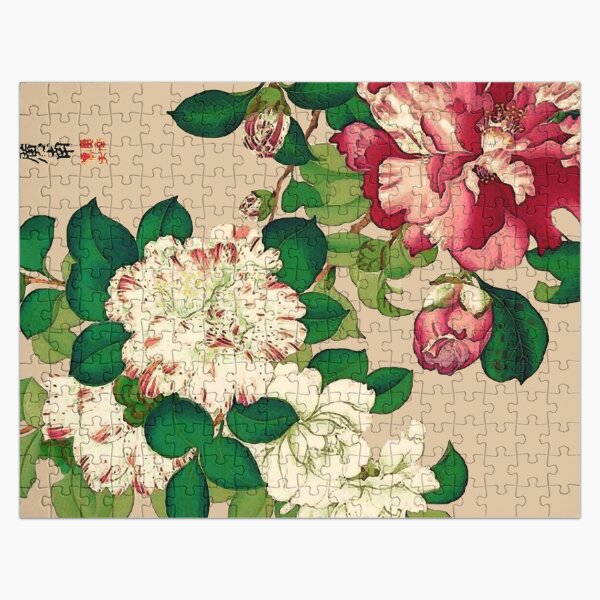 Vintage Japanese Camellias. Deep Pink on Beige Jigsaw Puzzle