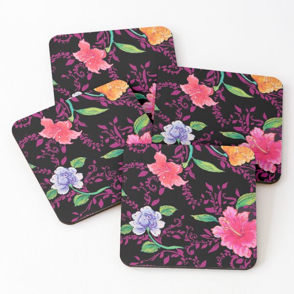 Item preview, Flowers With Magenta Vines and Black Ground designed and sold by Leslie Rogers Todder.