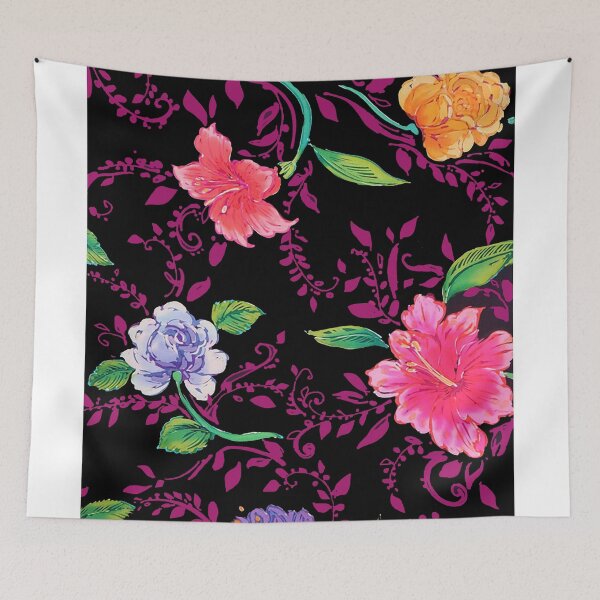 Item preview, Flowers With Magenta Vines and Black Ground designed and sold by Leslie Rogers Todder.
