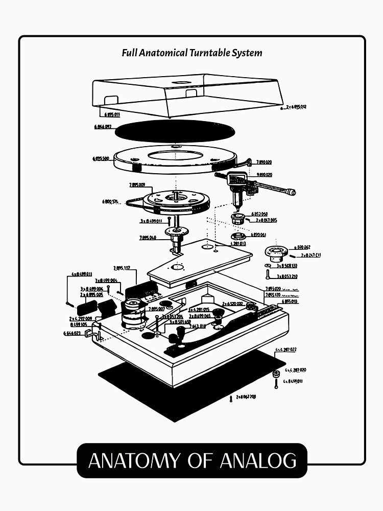"Anatomy of Analog. Record Player Exploded View. Cool Vinyl" T-shirt by