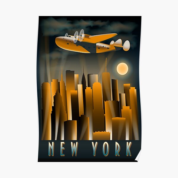 Art Deco Tall High Rise Buildings New York City Air Plane Vintage A Dreamer`s City Poster