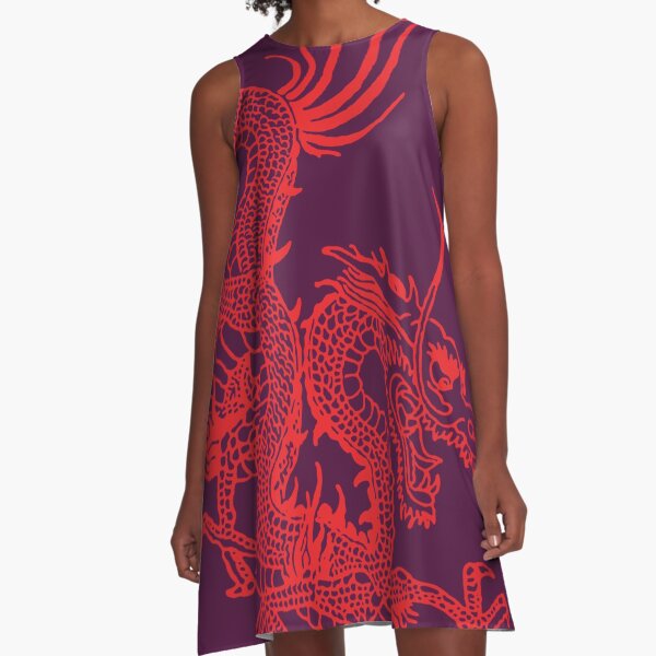 Red Chinese Dragon / Purple Background A-Line Dress