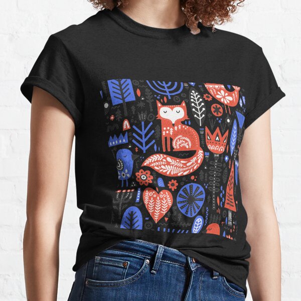 Slavic Folk Pattern with Fox and Bird Black Classic T-Shirt
