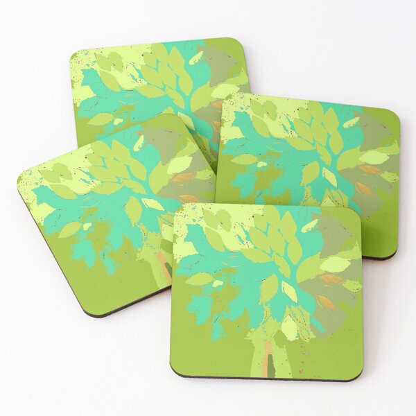 Item preview, Tree, summer leaf green teal blue yellow gold fiber art textile mixed media digital designed and sold by djrunnels.