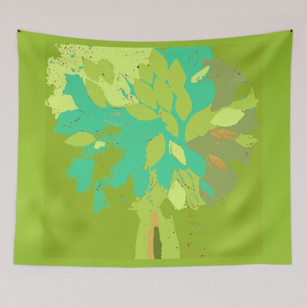 Item preview, Tree, summer leaf green teal blue yellow gold fiber art textile mixed media digital designed and sold by djrunnels.