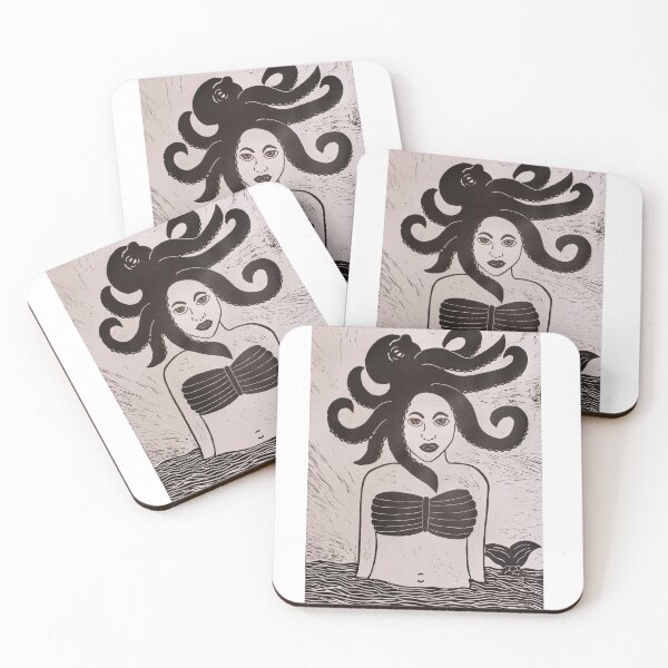 Item preview, Mermaid and Octopus Linoleum Block Print designed and sold by BritW1509.