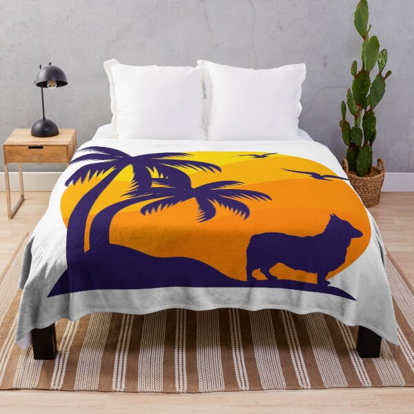 Aperçu de l'œuvre Sunset Palm et chien Corgi créée et vendue par DogsHearted.