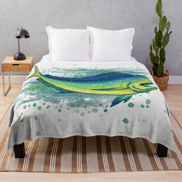 "Mahi Mahi Splash" by Amber Marine ~ watercolor & ink dolphin fish / dorado painting, art © 2016 Throw Blanket