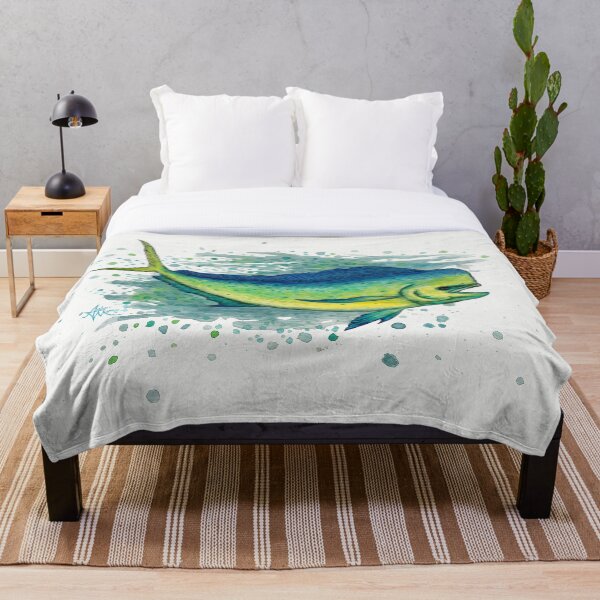 "Mahi Mahi Splash" by Amber Marine ~ watercolor & ink dolphin fish / dorado painting, art © 2016 Throw Blanket