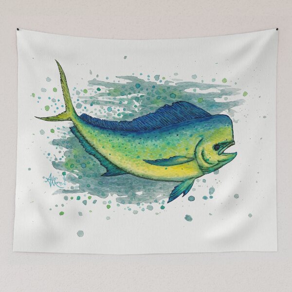 Item preview, "Mahi Mahi Splash" by Amber Marine ~ watercolor & ink dolphin fish / dorado painting, art © 2016 designed and sold by Amber Marine ~ Wildlife Artist ~ © 2004-2021.