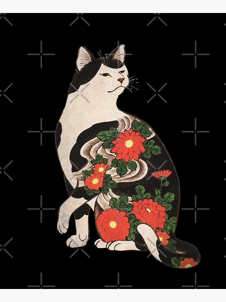 Antique Japanese Woodblock Print Cat with Flower Tattoos by epitomegirl