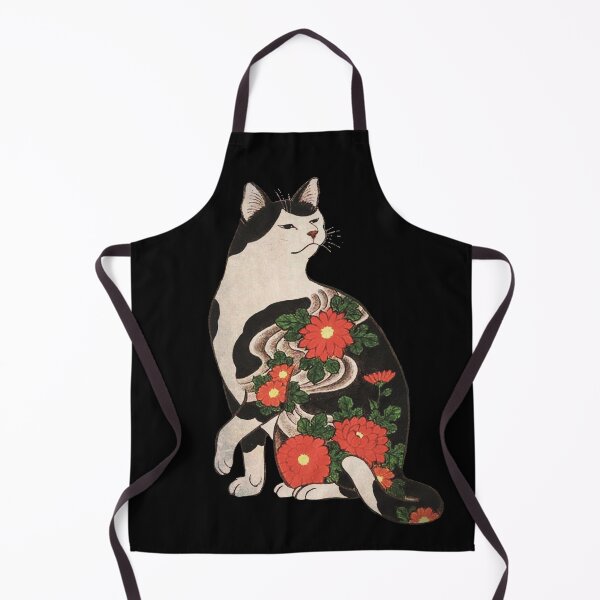 Antique Japanese Woodblock Print Cat with Flower Tattoos Apron