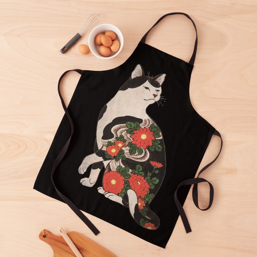 Antique Japanese Woodblock Print Cat with Flower Tattoos Apron