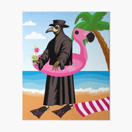 Plague Doctor at the Beach with Flamingo Floatie and Palm Tree Art Board Print
