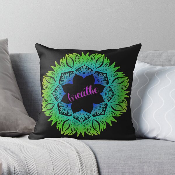 Gradient zentangle Mandala with breathe calligraphy Throw Pillow