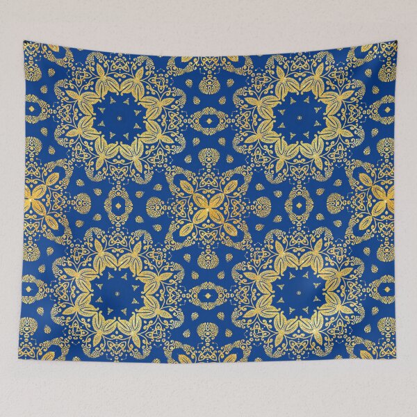 Item preview, golden mandala on the dark blue background designed and sold by MandalaFlowerArt.