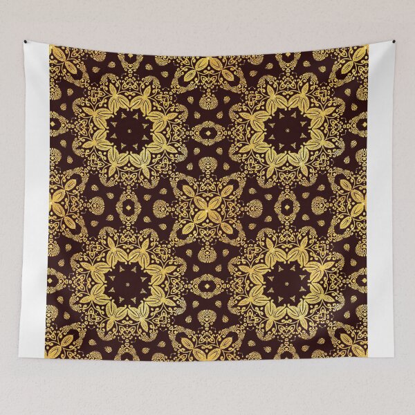 Item preview, golden flowers on the brown background designed and sold by MandalaFlowerArt.