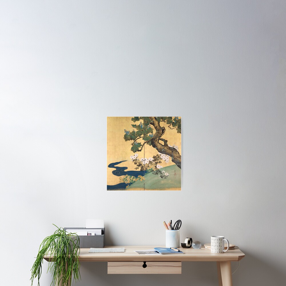 Paulownias and Chrysanthemums 桐菊流水図屏風 Poster