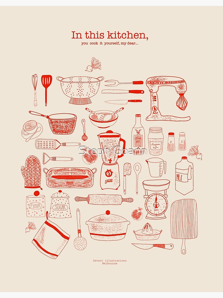 "Retro Kitchen Cooking Utensils Line Print in red" Poster by
