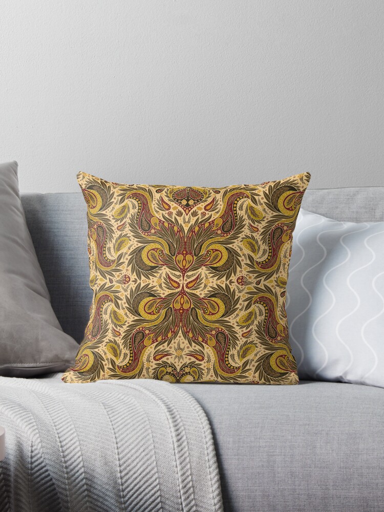 Olive Green Gold Burgundy Paisley Pattern Throw Pillow