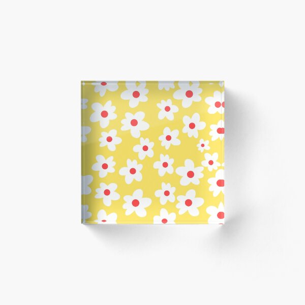 White Flowers on Yellow Background Acrylic Block