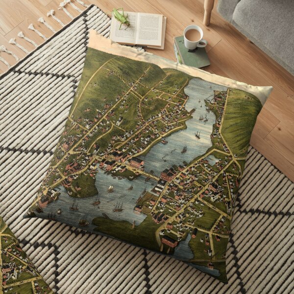 Vintage Mystic CT River & Bridge Map (1879) Floor Pillow
