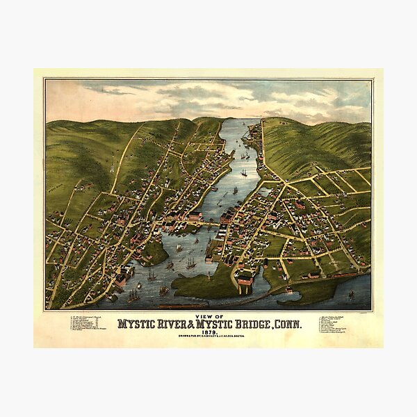 Vintage Mystic CT River & Bridge Map (1879) Photographic Print
