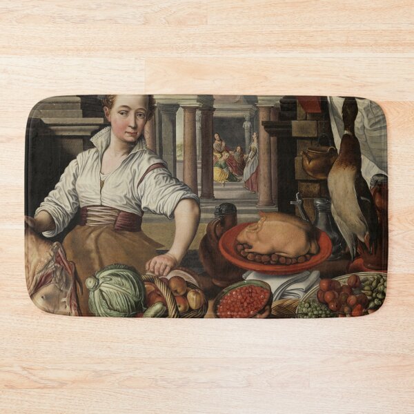 Item preview,  where a maid works hard. In the background the viewer recognizes Jesus in the house of Martha and Maria. An aesthetic sight with a symbolic character.
The design by Mallybeau Mauswohn shows the kitchen scene with Jesus in the house of Martha and Maria b designed and sold by Mauswohn.