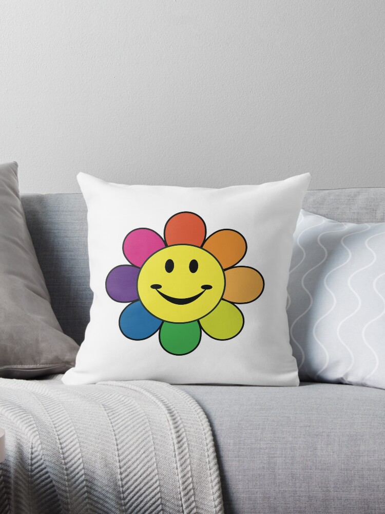 rainbow flower smiley face pillow