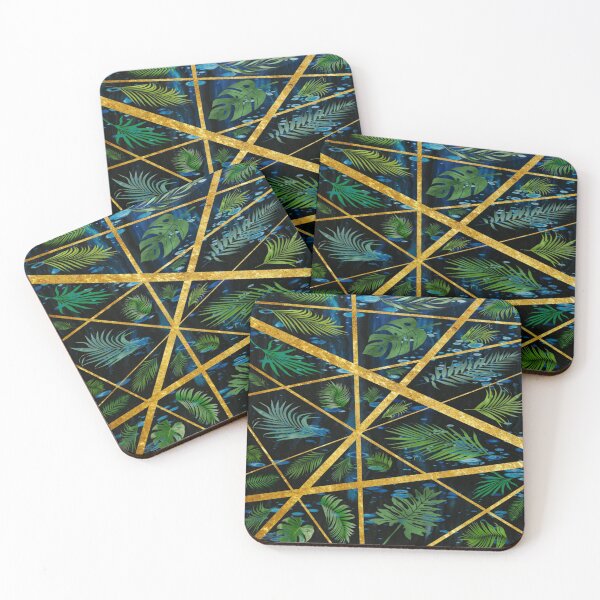 Item preview, Abstract green palm leaves on a black background with gold stripes. designed and sold by jayne0524.