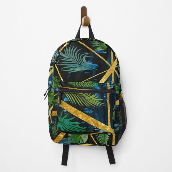 Item preview, Abstract green palm leaves on a black background with gold stripes. designed and sold by jayne0524.
