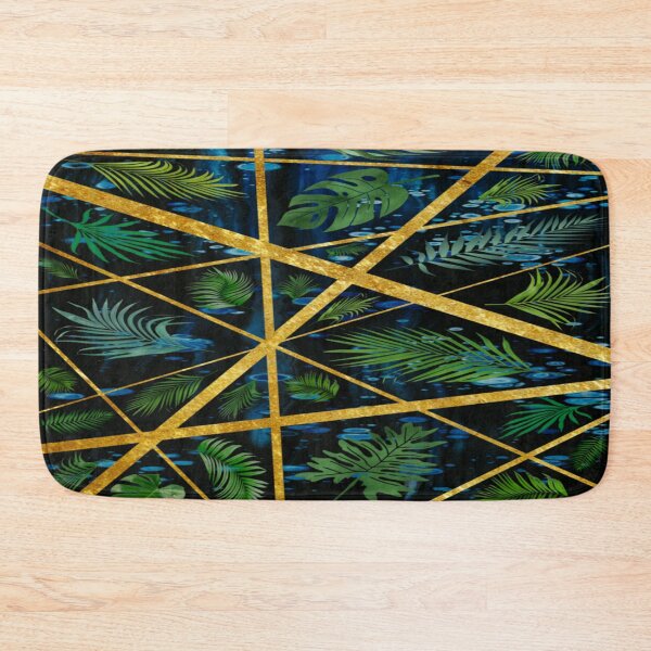 Item preview, Abstract green palm leaves on a black background with gold stripes. designed and sold by jayne0524.