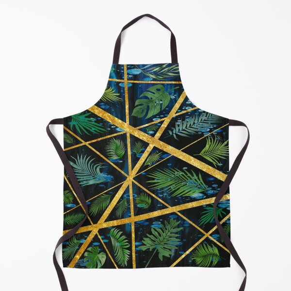 Item preview, Abstract green palm leaves on a black background with gold stripes. designed and sold by jayne0524.