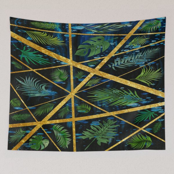 Item preview, Abstract green palm leaves on a black background with gold stripes. designed and sold by jayne0524.